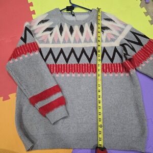 Renee C. Women's Plus Size 1X Gray Pink Red Fuzzy Trim Tribal Fair Isle Sweater